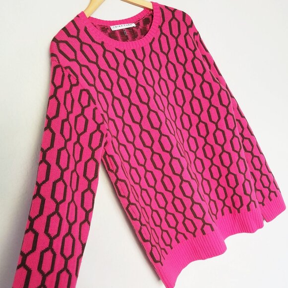 Trina Turk Merino Wool Pink Brown Geometric Honeycomb Crewneck Sweater Size M - Picture 4 of 14
